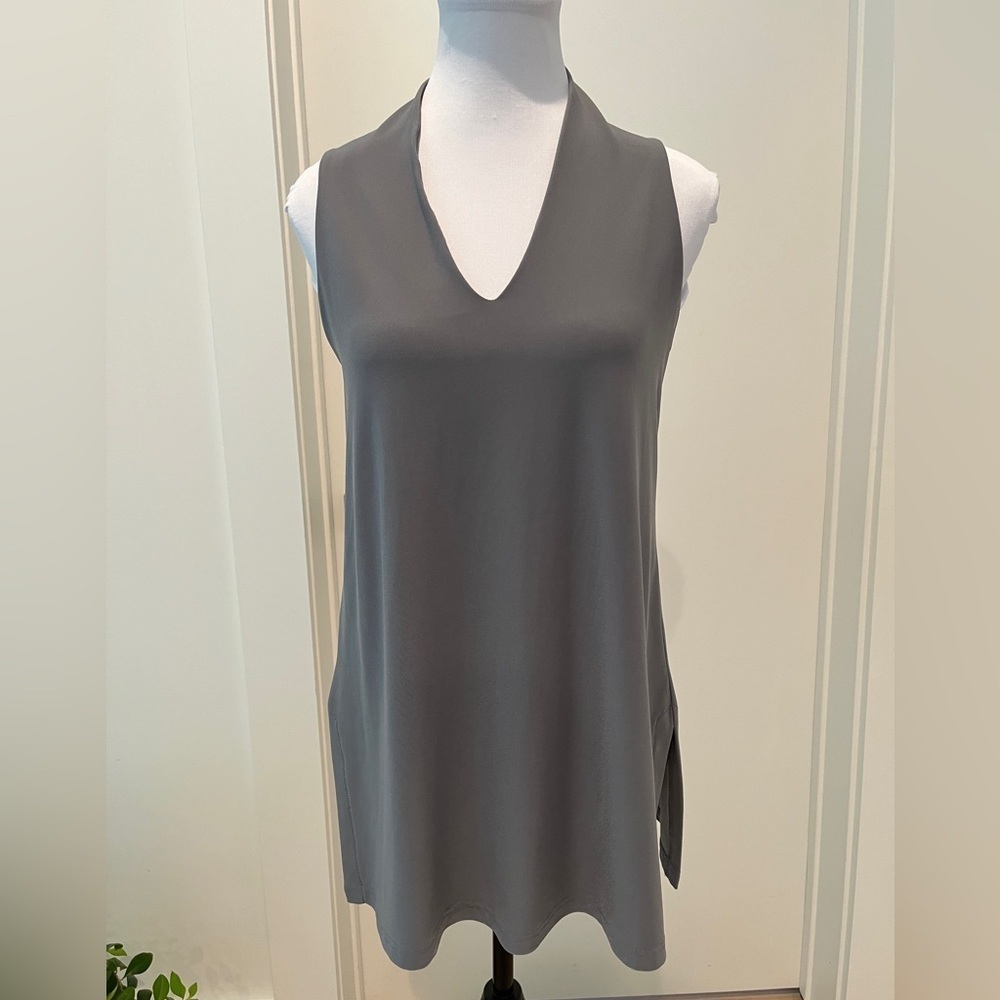SYMPLI Grey Sleeveless Jersey Deep V Neck Tunic A Line Day to Night Chic Travel